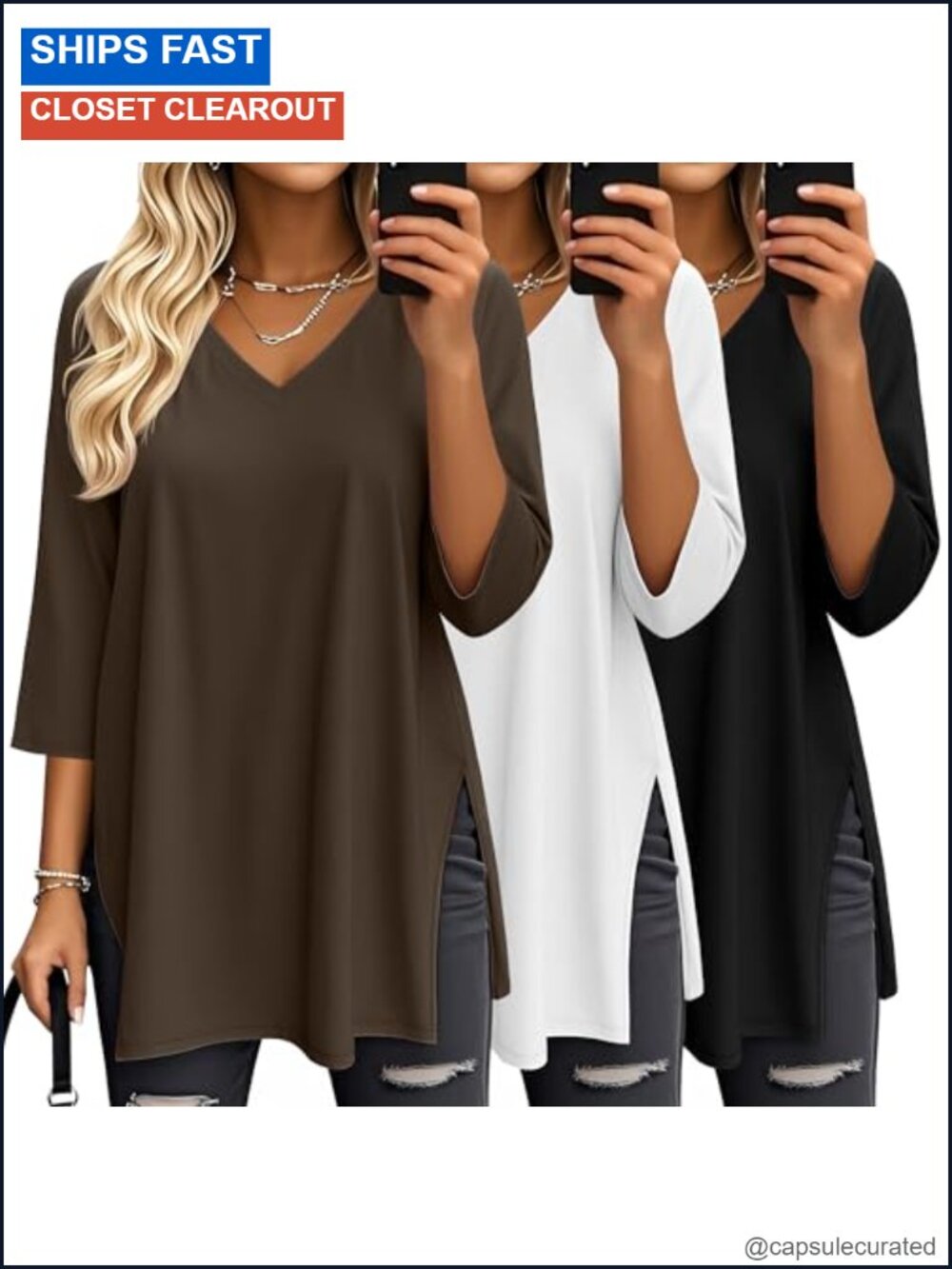 Women's 3/4 Sleeve V-Neck Loose Fit Tunic Tee 3 Pack
